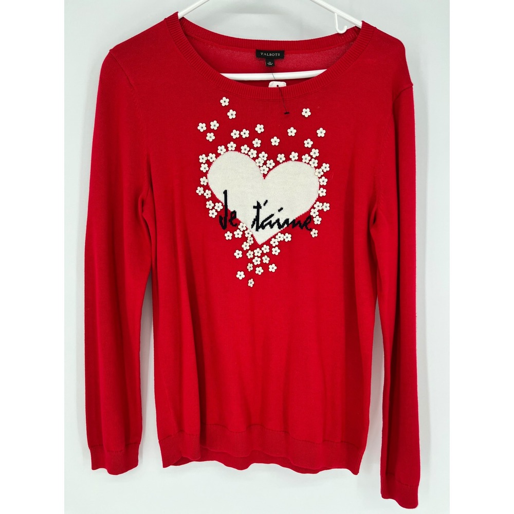 TALBOTS Sweater Womens M Red Je T'aime Heart Floral Applique NWT Whimsy Love New